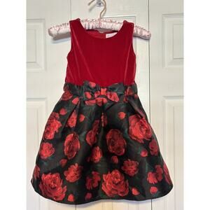 Children’s Place Girls Red Velvet with Rose Pattern Fit Flare Dress 6 Christmas